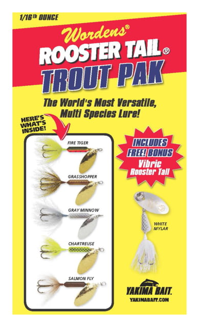 Worden's Original Rooster Tail Spinner Box Kit 1/16OZ Trout Pack w/single hooks w/five Rooster Tail and one free Vibric