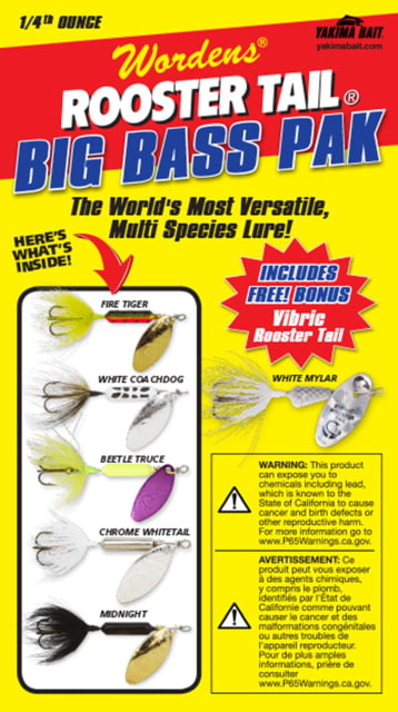 Worden's Original Rooster Tail Spinner Box Kit 1/4OZ Big Bass Pack w/ five Rooster Tails and one free Vibric