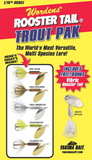 Worden's Rooster Tail Box Kit Assort 6 pack 1/16 OZ FRT WHCD RBOW BL YLCD Contains 1 free Vibric Rooster Tail WHMY