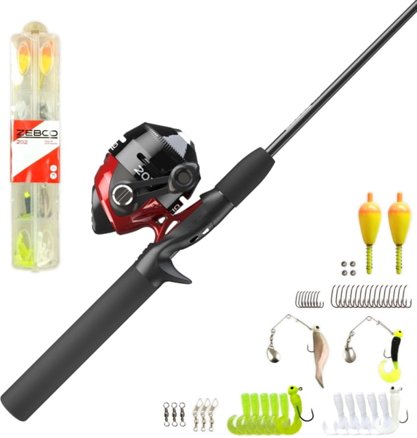 Zebco 202 Spincast Reel and Rod Combo 5ft 6in 2-PC Pole SZ 30 Reel RH Retrieve Pre-Spooled w/ 10lb Cajun Line Includes 56-PC Tackle Kit Black/Red