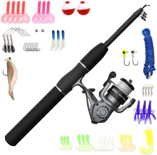 Zebco Ready Tackle Spinning Reel and Telescopic Rod Combo Extendable 17in to 5ft 6in Pole SZ 20 Reel Pre-Spooled 8lb Fishing Line 53-PC Tackle Kit