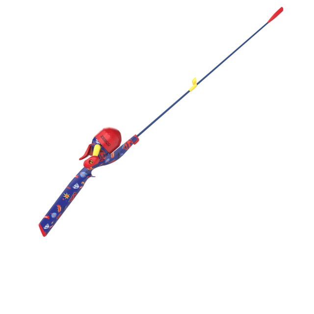 Zebco Youth Superman Floating Spincast Reel and Rod Combo 29in Fiberglass Rod Light Moderate SZ 20 Reel RH Retrieve Pre-Spooled w/ 6lb Line Blue