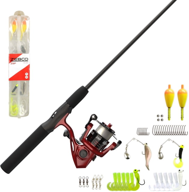 Zebco 202 Spinning Reel and Rod Combo 6ft 2-PC Pole SZ 20 Reel Changeable Righ/Left Retrieve Pre-Spooled w/ 8lb Zebco Line Includes 56-PC Tackle Kit.