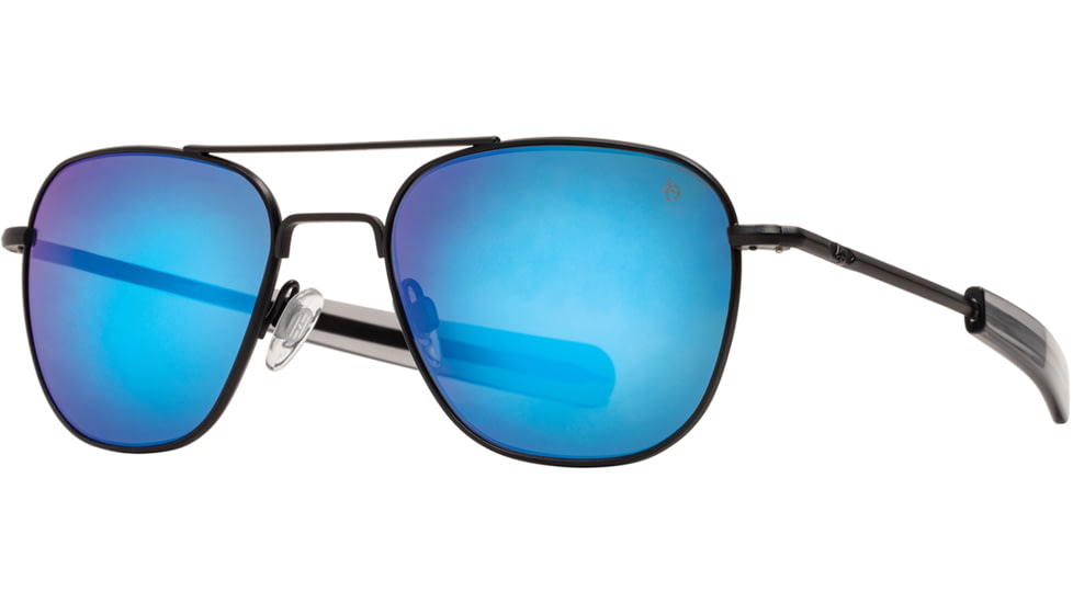 AO Original Pilot Sunglasses, Black Frame, 55 mm SunFlash Blue Mirror AOLite Nylon Lenses, Bayonet Temple, Polarized, 738921564829