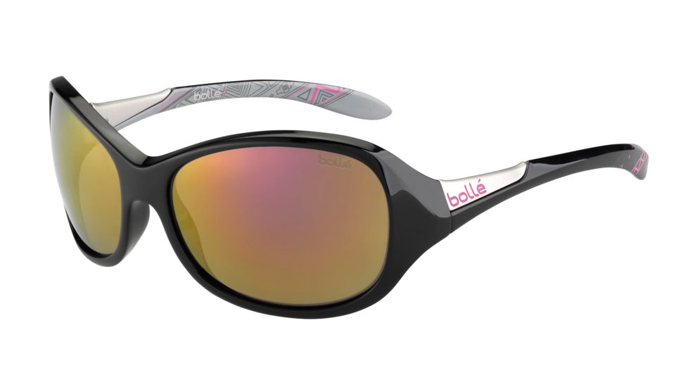 Bolle Grace Sunglasses,Shiny Black/Silver Frame,Rose Gold Round Lens 12101