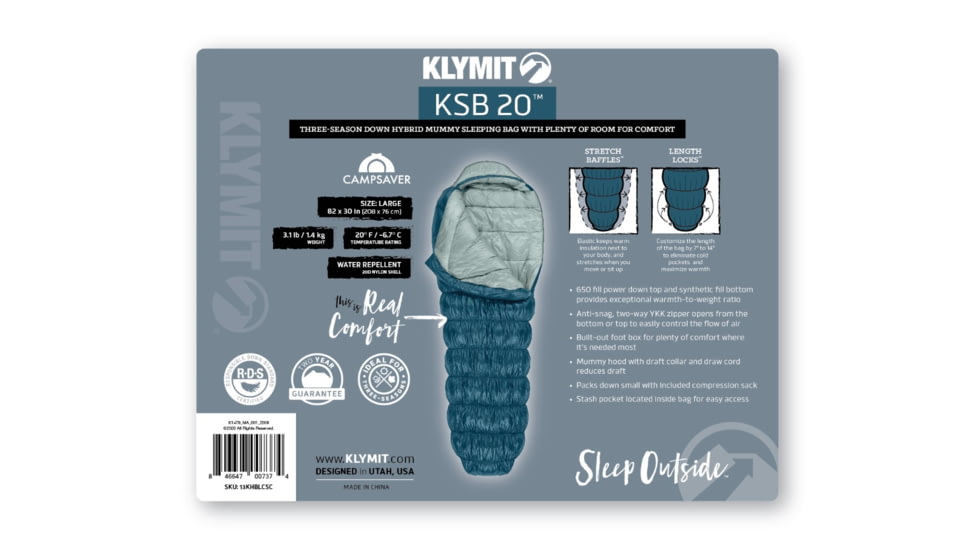 Klymit CampSaver KSB 20 Down Hybrid Sleeping Bag, Blue, 13KHBLCSC