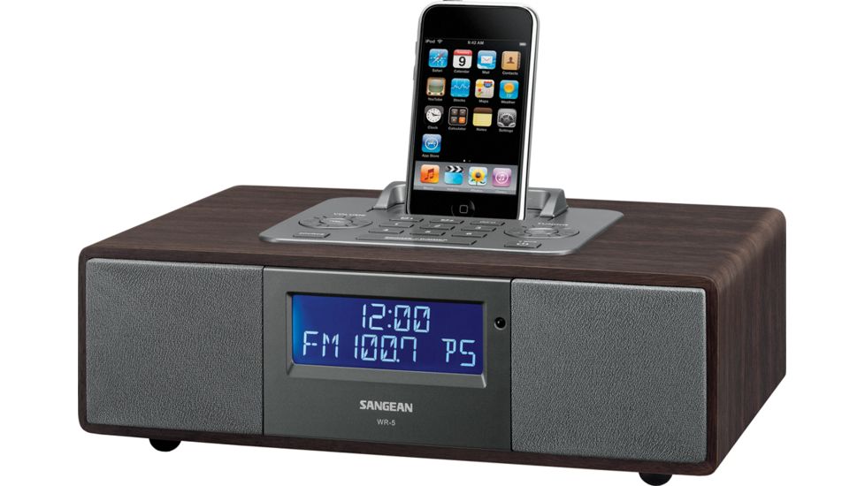 Sangean AM/FM-RDS Receiver, iPod Dock, AUX-IN, Line-Out, Clock/Alarm, Remote, Dark Walnut WR-5