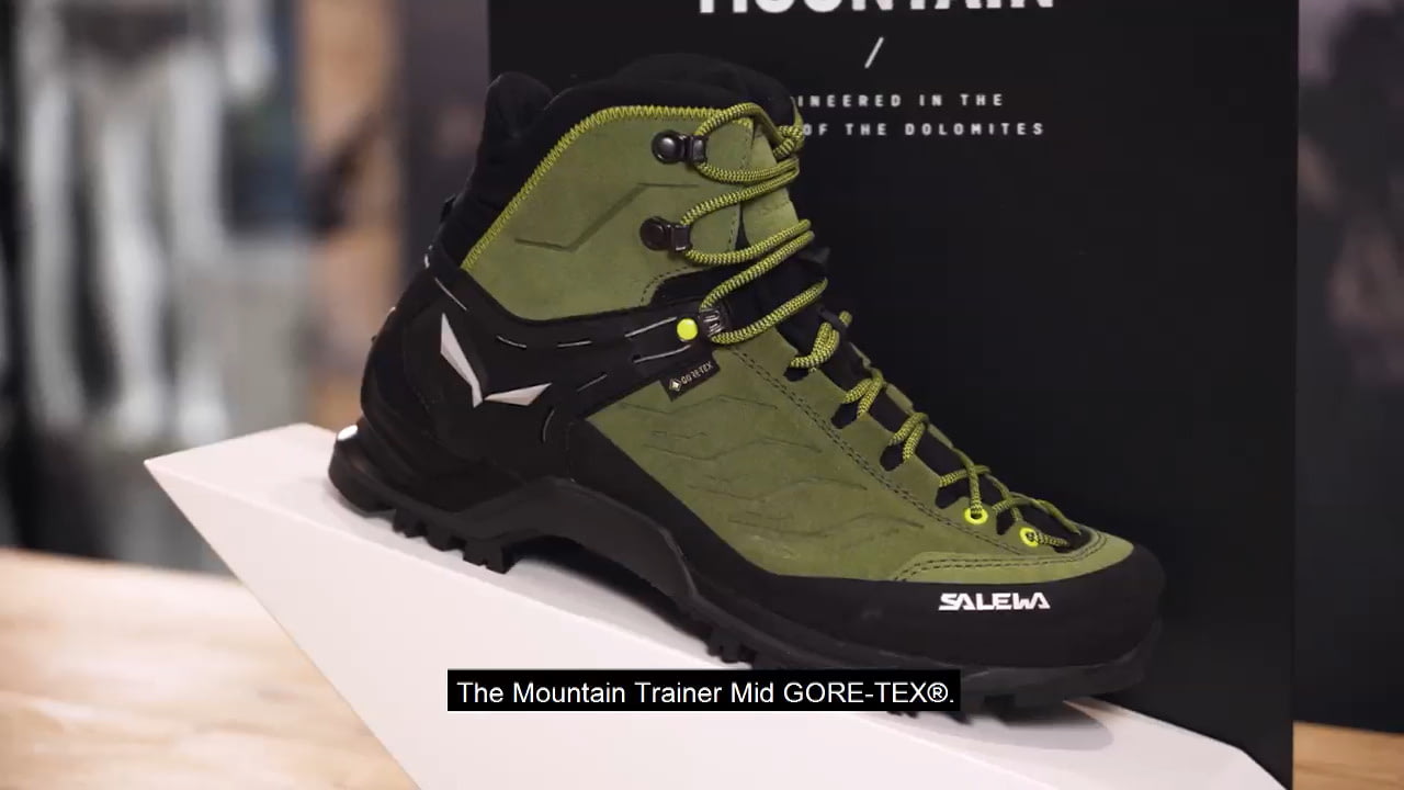opplanet salewa mtn trainer mid gtx backpacking shoes video