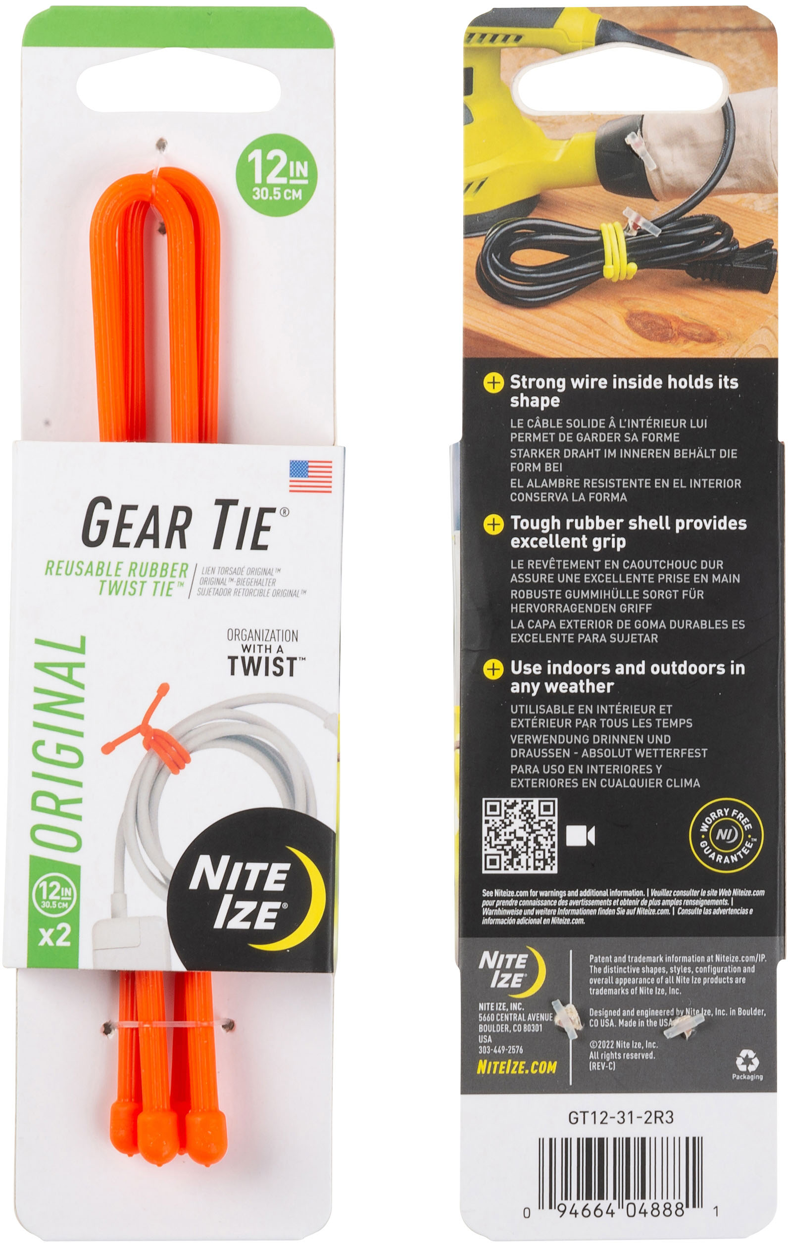 Nite Ize Gear Tie, Bright Orange, 6 - 2 count